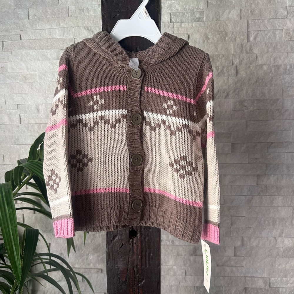 CARTERS Knit Sweater Hoodie Brown Cream Pink Button Down Size 2T New with Tags